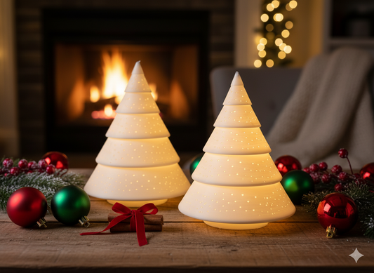 Two Christmas tree-shaped lights on a table with festive decorations and a fireplace in the background.